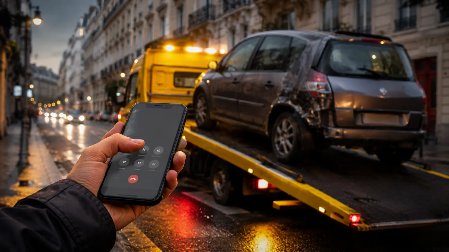 Personne appelant Épave Actif, camion plateau avec une épave en arrière-plan