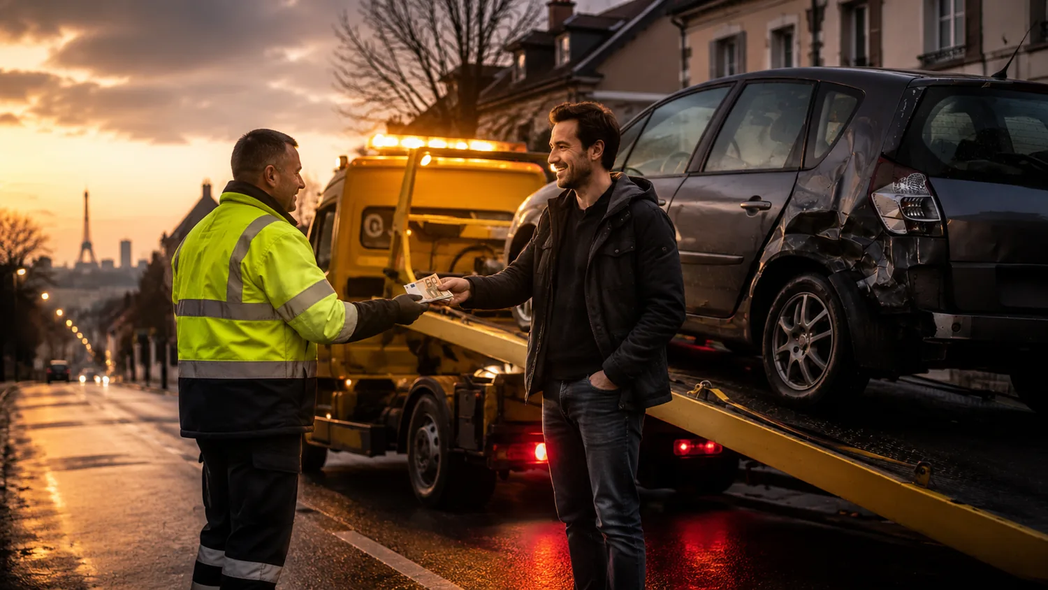 Épaviste remettant de l'argent à un client après le rachat de son épave en Île-de-France
