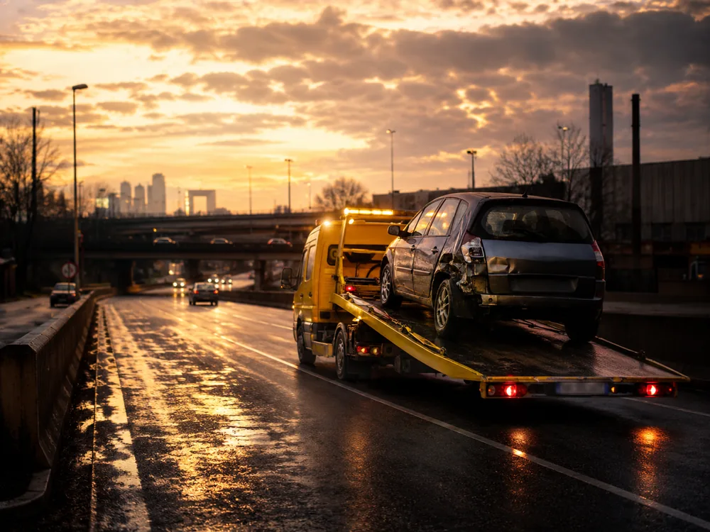 Camion plateau emportant une épave en périphérie de Paris